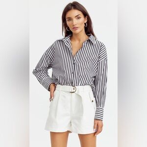 GREYLIN Black White Charcoal Grey Striped Button Front Cotton Blouse Size Medium